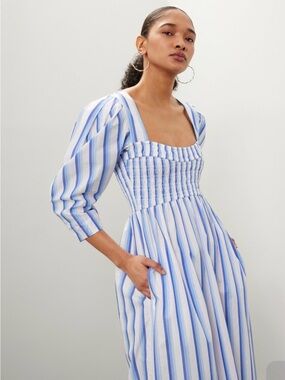 Ganni Blue Blue Striped Cotton Smock Long Dress Midi Size Small